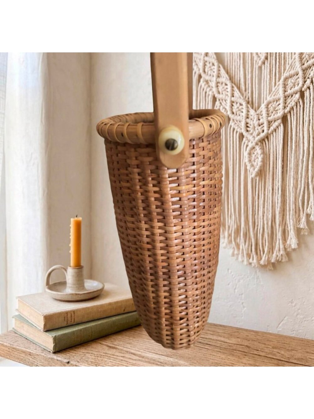 Nantucket Style Wall Basket Tight Weave Wood Handle and Bottom French Country Co - Picture 10 of 13